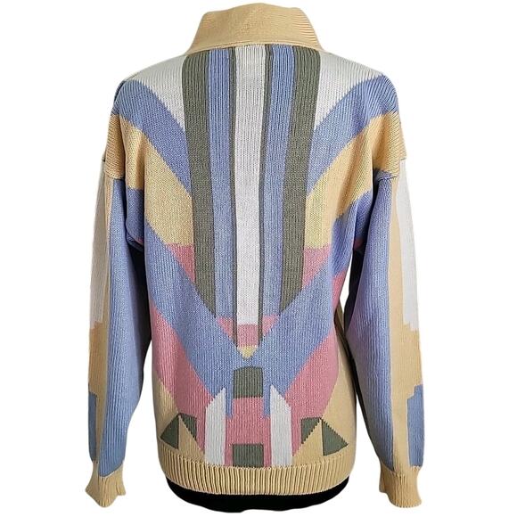 🎨 VTG IZOD Club 80s Pop Art Sweater – Women’s Large –Blue, Pink & Yellow V-Neck - Picture 3 of 7